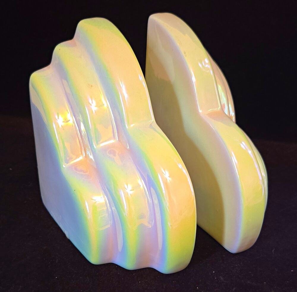 Vtg Art Deco Ceramic Cloud Skyscraper Bookends Iridescent Lusterware Pearlescent